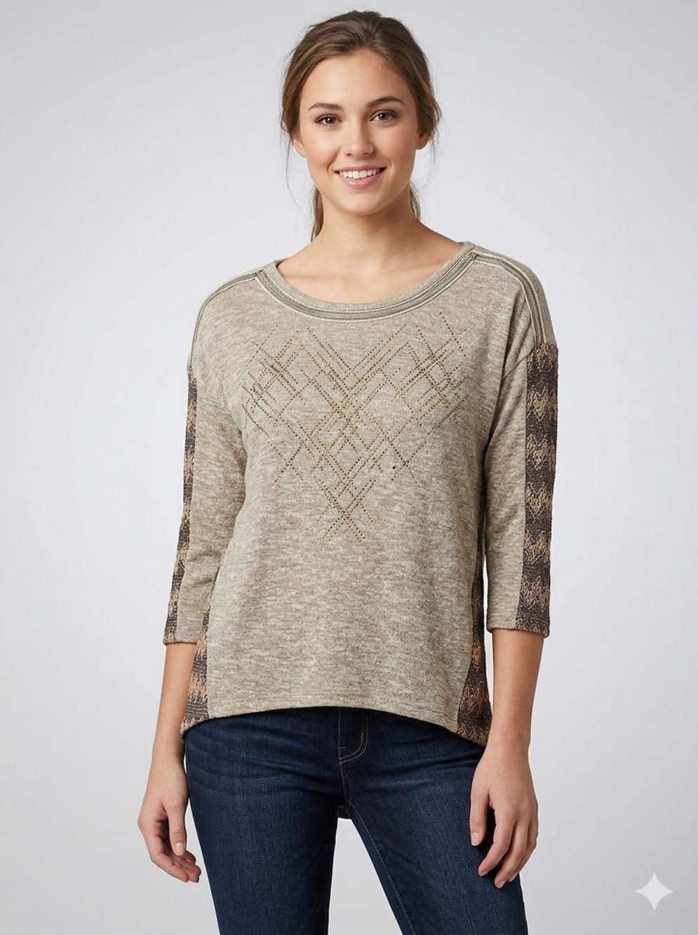​Miss Me Women's Tan Rhinestone 3/4 Sleeve Top Size Small S Casual Comfortable